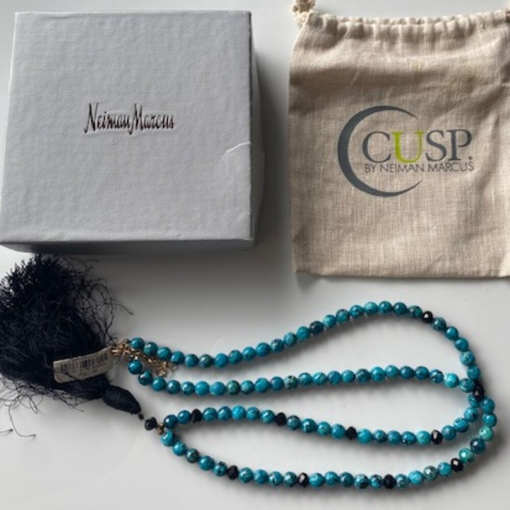 Neiman Marcus 32" Long Beaded Turquoise and Jet Necklace w 5" Tassel, Extender